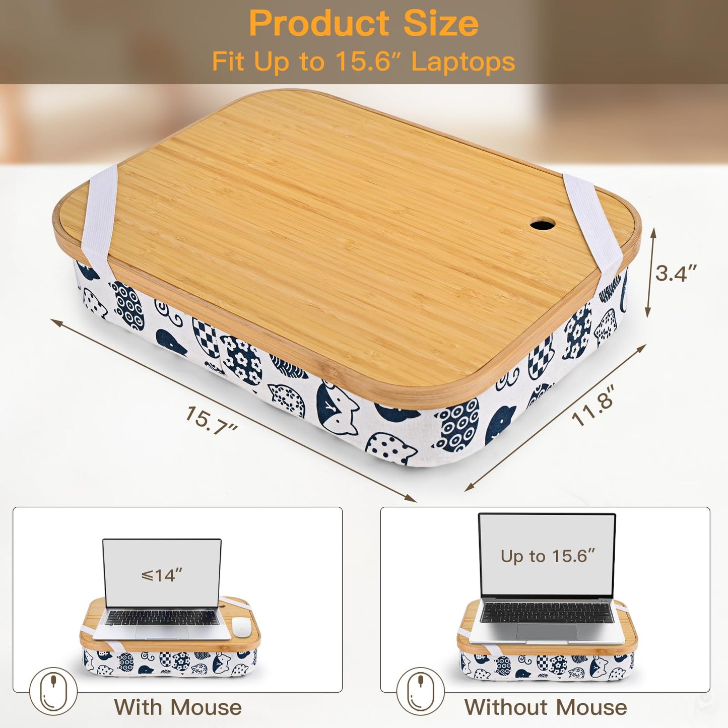 Mayjoy Bamboo Lap Desk with Storage, Cover Removable Lap Desk for Lap, Computer Laptop Stand on Lap, Work on Bed or Couch, Write or Draw on Your Lap (White Kitten)