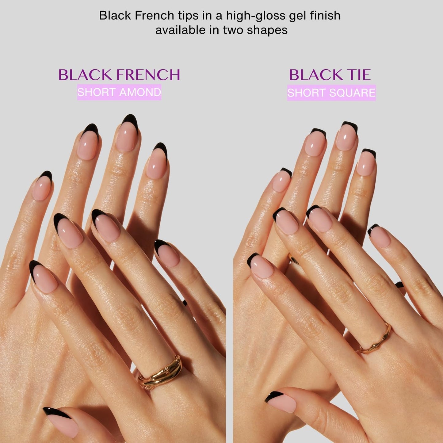 LAMIMOSA 32Pcs Black French Tip Press on Nails Short Square - Soft Gel Fake Nails in 16 Sizes, Reusable Semi-Transparent Glue on Nails Kit, BLACK TIE