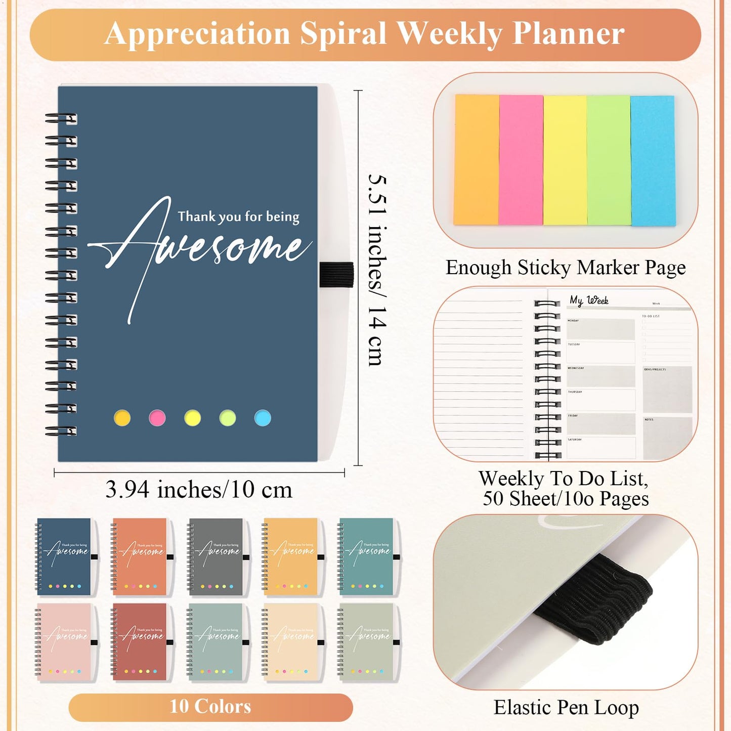10 Sets Employee Appreciation Gift Bulk for Nurse Teacher Thank You Being Awesome Weekly Planner Notebook Pen Sticky for Staff Admin Professional Volunteer Coworker Graduation (Plastic,Bright Colors)