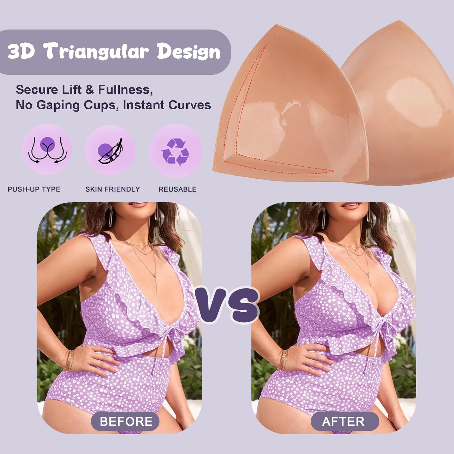 Wieysdoo Double-Sided Sticky Bra Insert Pads, Reusable Adhesive Push-Up Bra Pads for Large Breasts, Seamless Lift Bra Inserts for Bikini Swimsuit Strapless Dress,M Beige