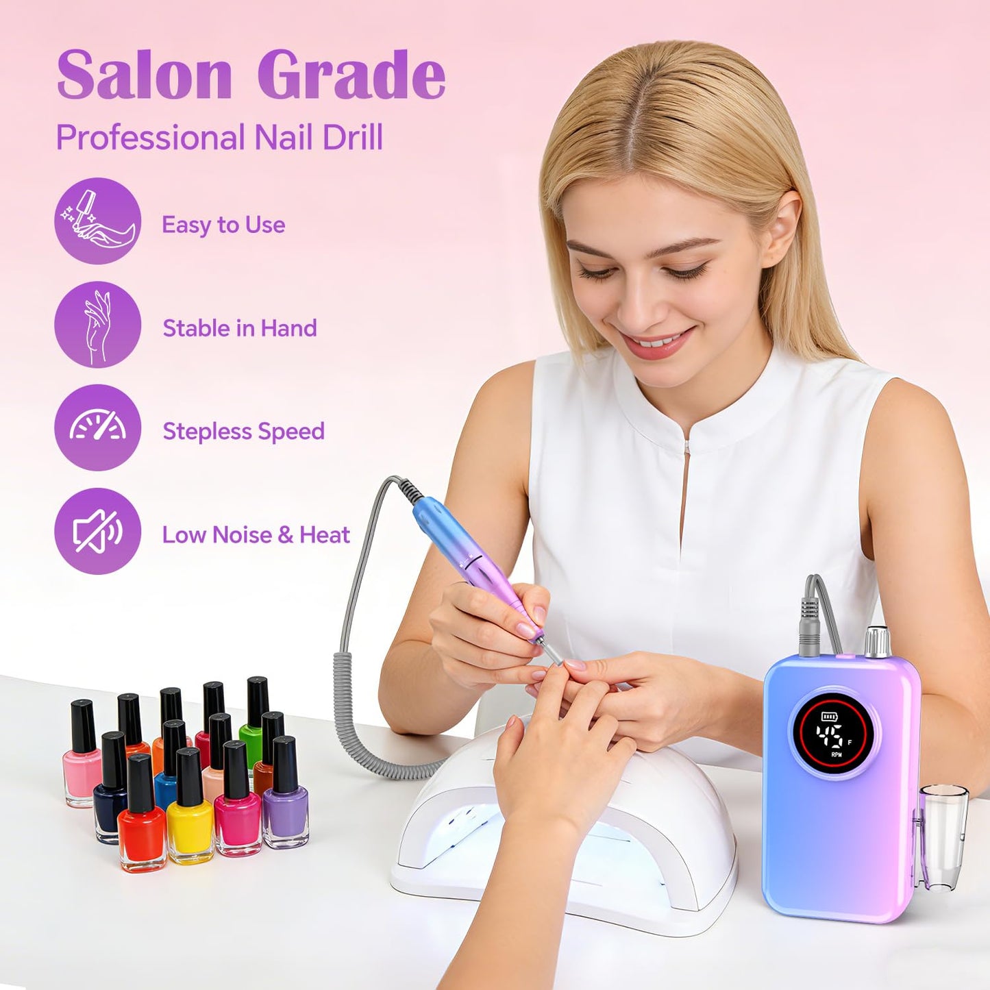 Nail Drill Professional, 45000 RPM Rechargeable Electric Nail File Kit for Acrylic & Gel Nails, Portable Manicure Pedicure Tool for DIY Home or Salon, with 11 Nail Drill Bits & Sanding Band Set
