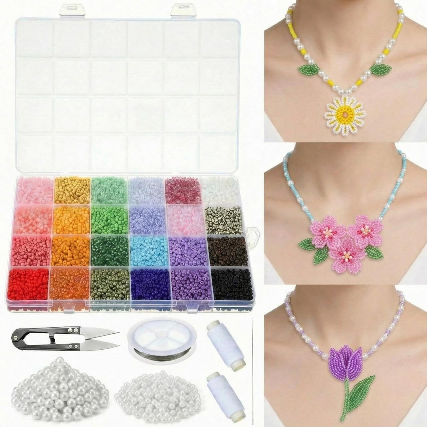 12080 Pcs Jewelry Bracelet Making DIY Kit 24 Colors 3mm Glass Seed Beads & 4mm/8mm White Pearl Beads with Elastic String, Needles, Scissors, DIY Gift for Mom, Beginner Craft Set for Bracelet Making