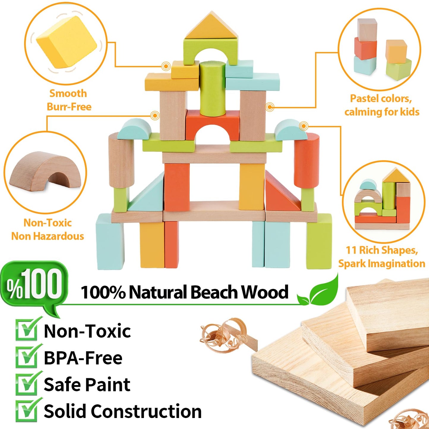 FCSONU Wooden Building Blocks for Toddlers 1-3, 100 Pcs Wood Blocks Set - Sorting & Stacking Toys with Storage and Lid, Kid Montessori Toys Ages 2+, Christmas 1st Birthday Gifts for Boys Girls Baby