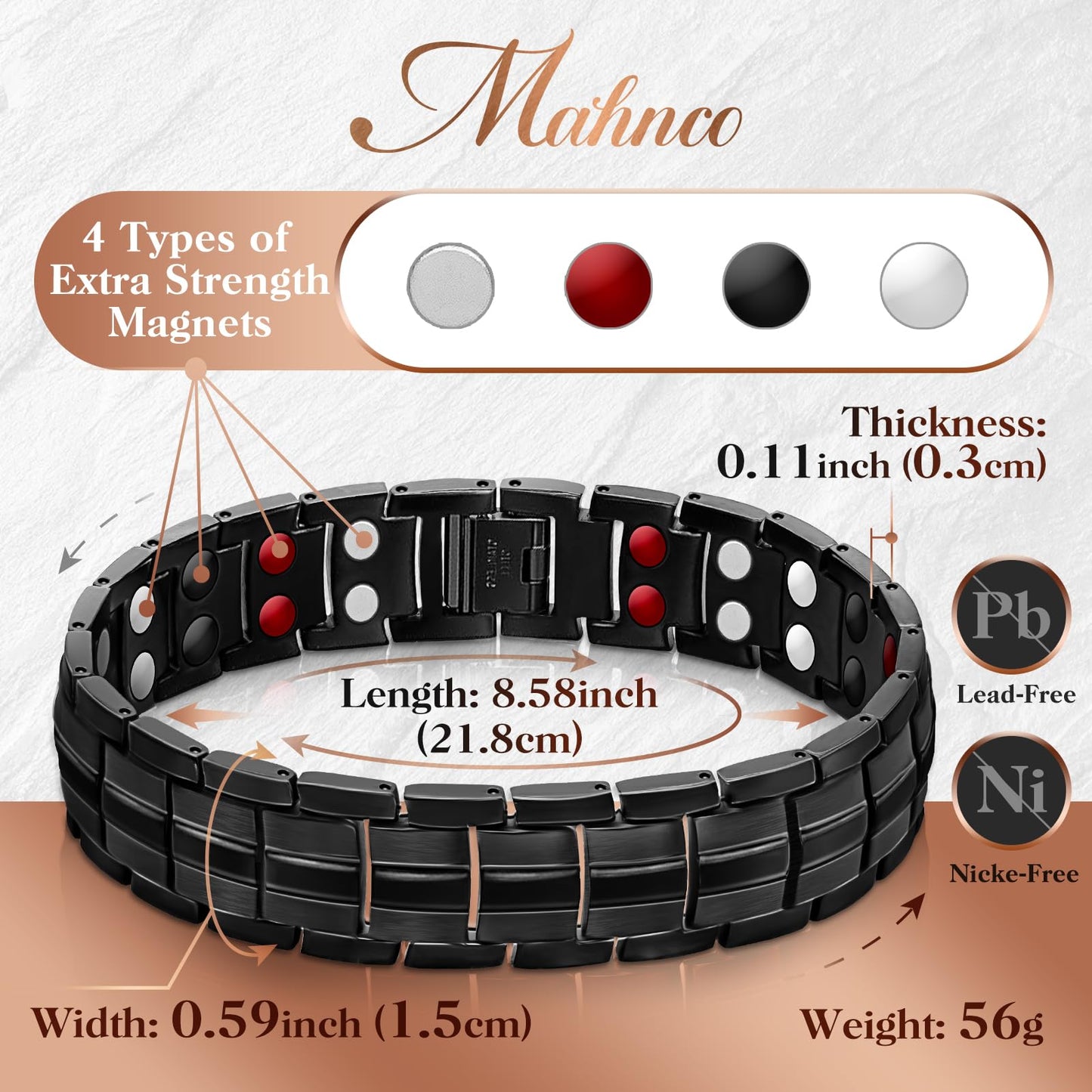 Mahnco Magnetic Bracelet for Men Adjustable Titanium Steel Men’s Bracelet with Double Rows Effective 4 Elements Magnets & Remove Tool (Black Classic)