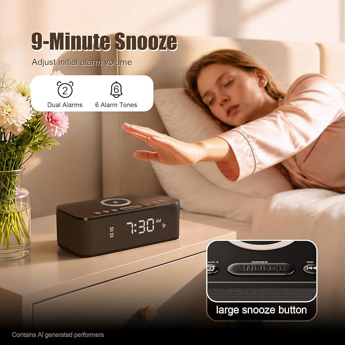 Alarm Clocks for Bedrooms, Wireless Charger, Bluetooth Speaker, White Noise Machine, Digital Clock with Dual Alarm, Dimmable Display, USB Charging Port, Black