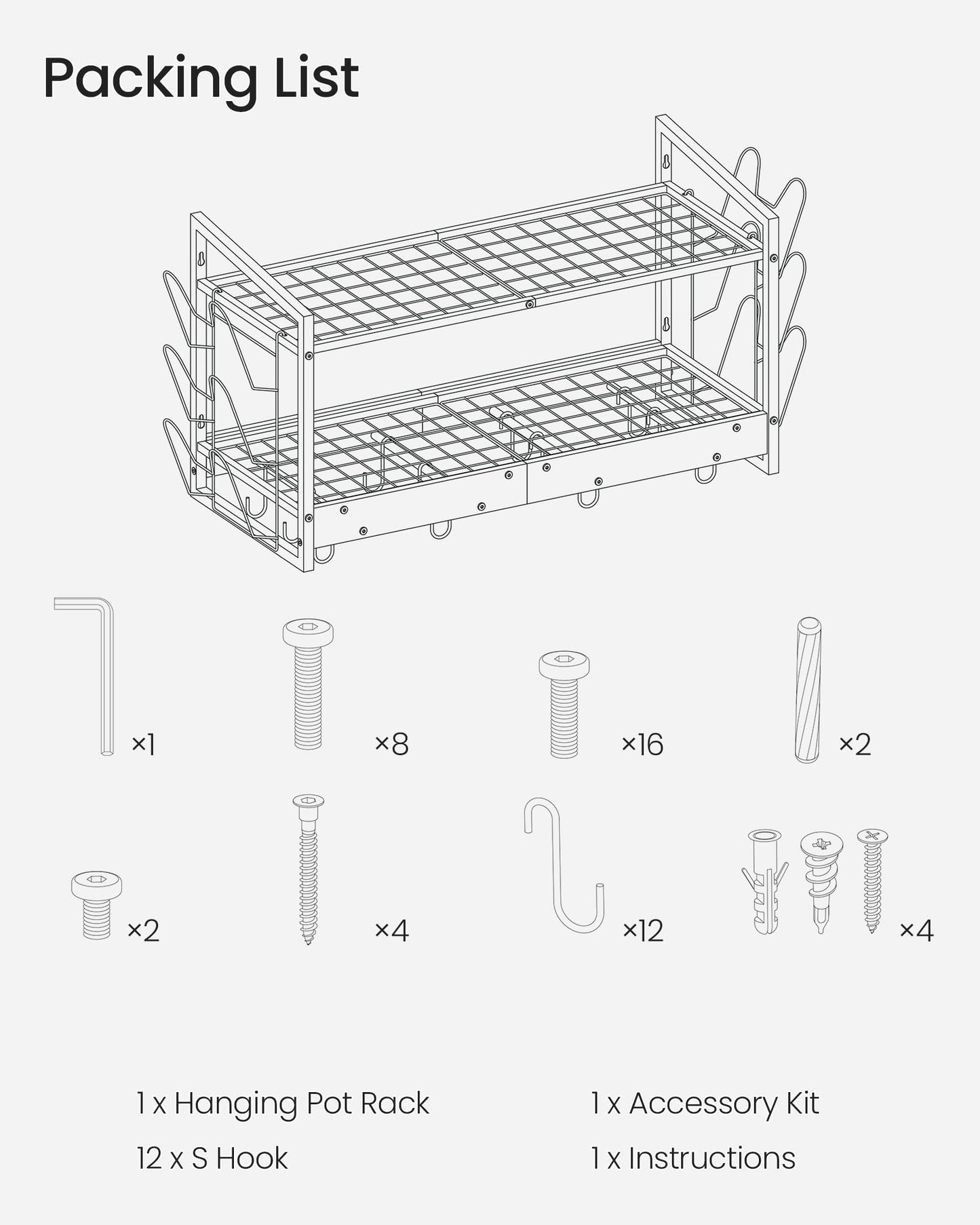 CHOEZON Hanging Pot Rack, Pot Rack Wall Mounted, 2-Tier Kitchen Pot and Lid Organizer, Wall-Mounted Pot Rack with 12 Hooks, for Kitchen Storage of Pots, Pans, Utensils, Rustic Brown TPR02BF