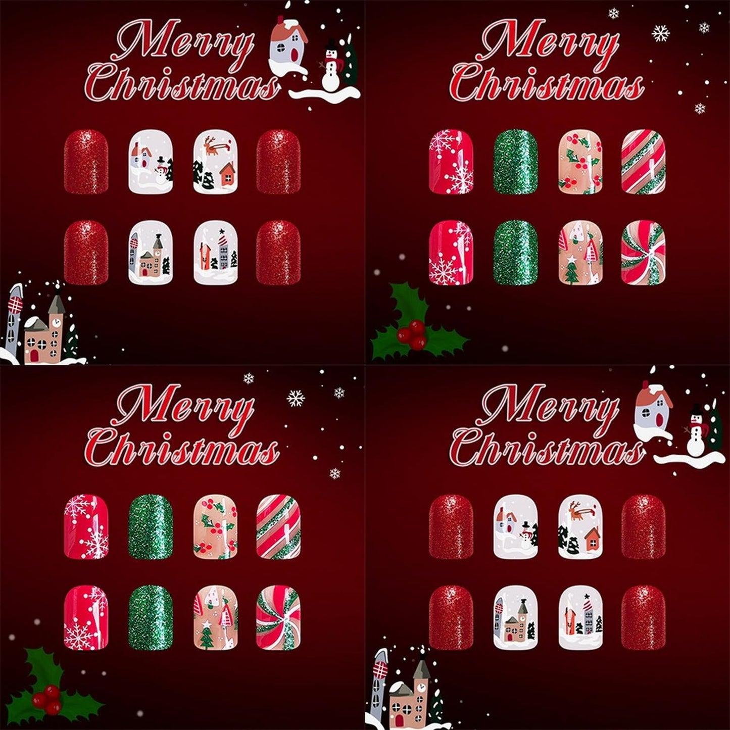 Christmas Press on Nails Kit 48 Pcs Short Square Fake Nails 2 Style Cute False Nails with Snowflake Mistletoe Glitter Designs Red Green Glossy Glue on Nail Winter Acrylic Nails for Women Girls