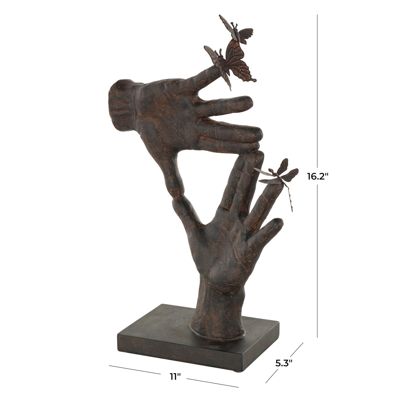 Deco 79 Polystone Hands Decorative Sculpture Sign Home Decor Statue with Butterrfly Accents, Accent Figurine 11" x 5" x 16", Dark Brown
