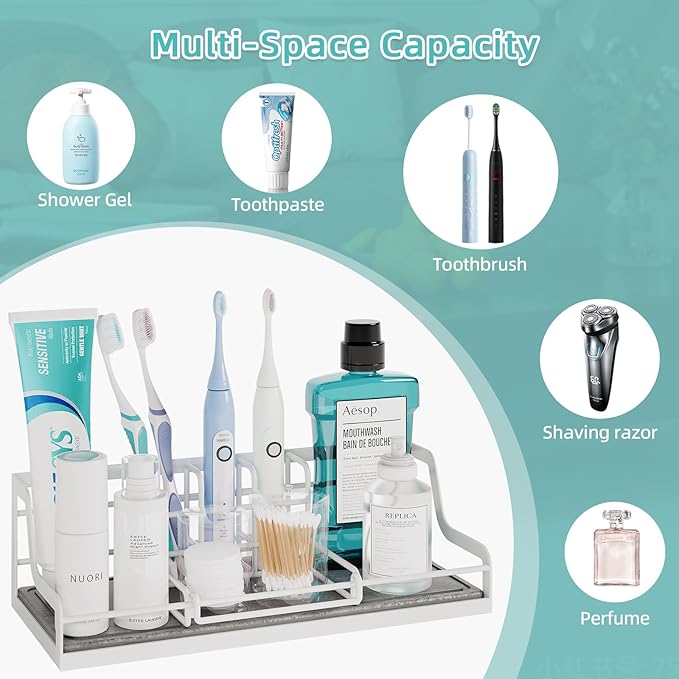 Toothbrush Holders, Bathroom Organizers and Storage with with Instant Drying Stone, 6 Slots Bathroom Accessories with Adjustable Toothpaste Holders, Bathroom Counter Organizer, White