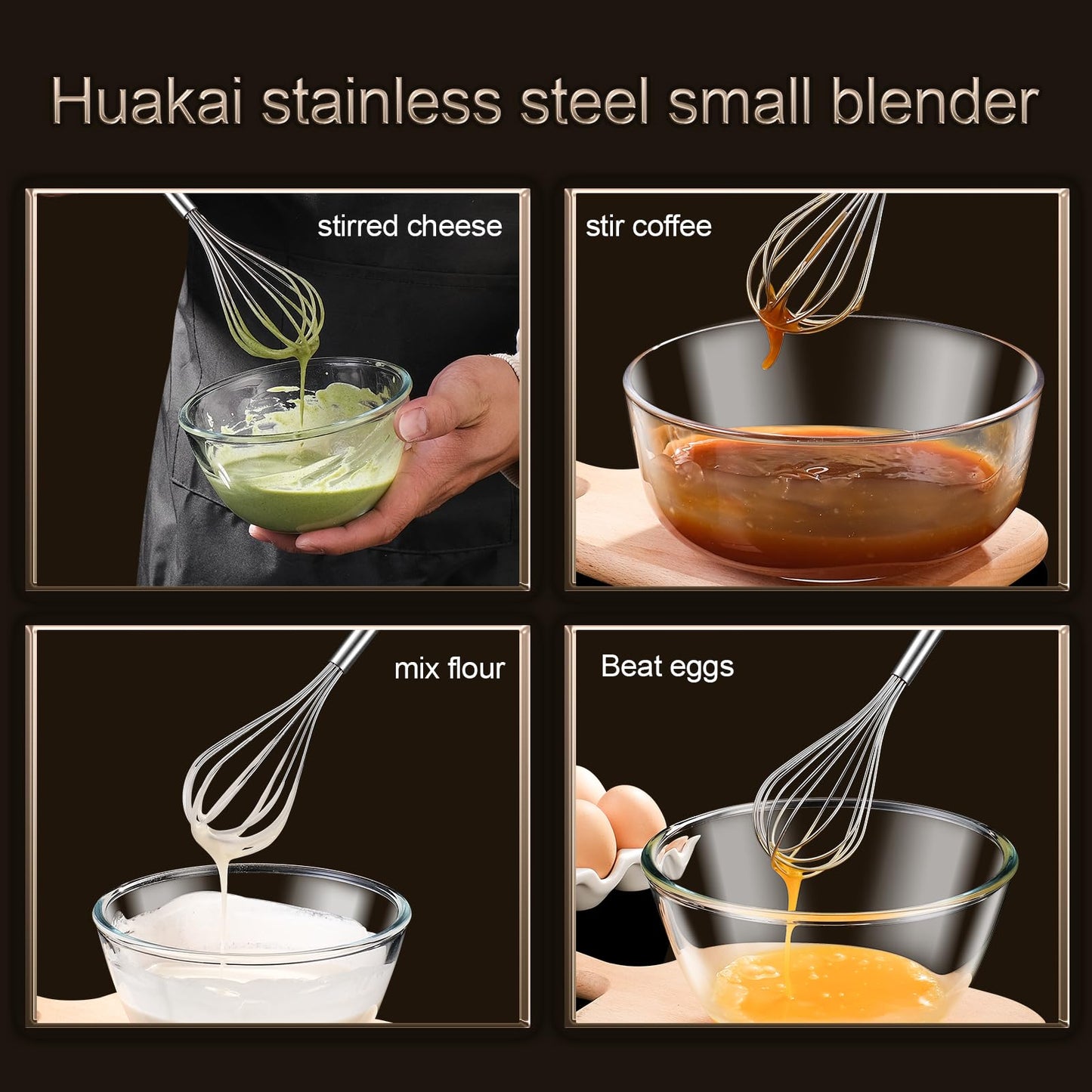 Huakai Stainless Steel Small Whisk for Cooking, 10-Inch Mini Whisk for Cheese, Coffee, Flour, Eggs