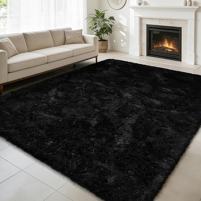 6x9 Fluffy Area Rug for Living Room,Shag Area Rugs for Bedroom,Black Soft Fuzzy Rug Non-Shedding Indoor Plush Carpet for Kids Bedroom Nursery Dorm Home Decor
