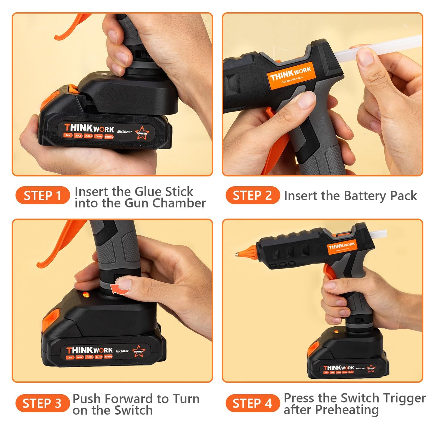 THINKWORK 20V Cordless Hot Glue Gun and Sticks Set, Rechargeable Glue Gun with 30 PCS Full Size Sticks and Battery, Fast Heating for Arts & Crafts, DIY Projects and Home Repairs