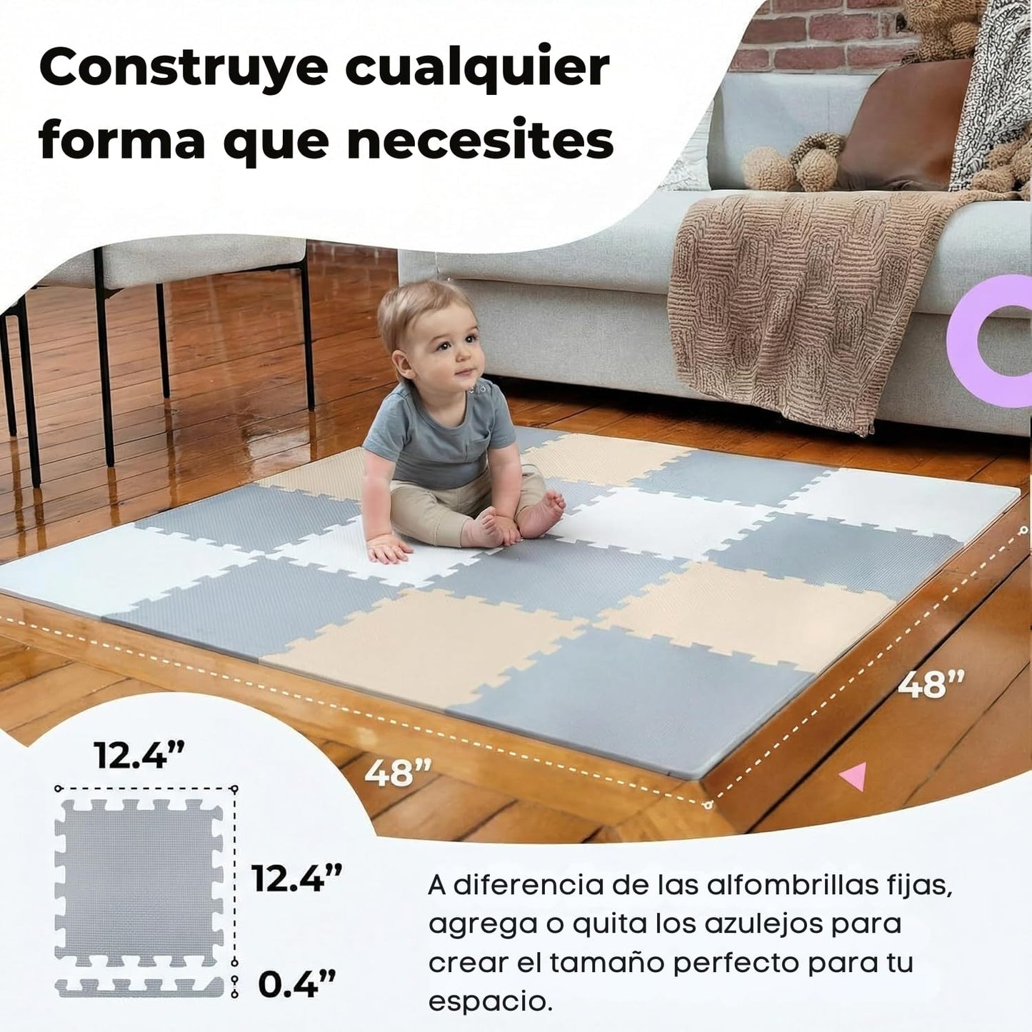 MioTetto Baby Play Mat, Soft Foam Floor Tiles for Kids. Adjustable Interlocking Foam Tiles, Fits with 50x50 Playpen Baby mat for Crawling & Development, Safe & Non-Toxic Playmat for Babies 6-12 Months