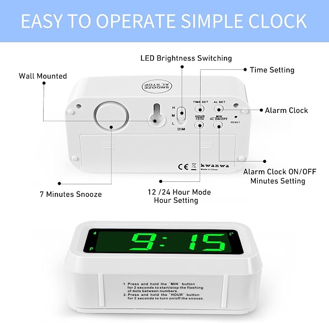 KWANWA 1.2 Inch Large Display Digital Alarm Clock for Kids & Adults, Dimmable LED Clock with Adjustable Brightness, Easy Snooze, Battery Operated Cordless Desk Clock for Bedroom, Kitchen
