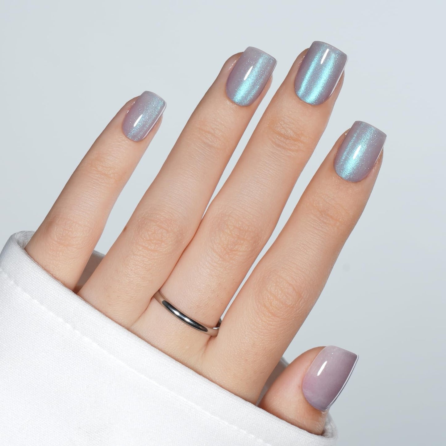 Silver Gray Cat Eye Press On Nails - Short Square Blue Magnetic Cat Eye Press On Nails, Reusable Fake Nails Kit with Nail Glue, 30PCS 15 Sizes