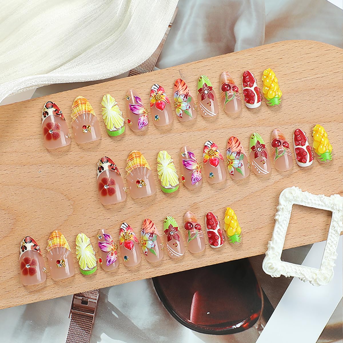 30Pcs Handmade Press on Nails Medium Almond French Tip Fake Nails 3D Flower False Nails with Beach Fruit Design Summer Glue on Nails Full Cover Artificial Glue on Nails Cute Stick on Nails for Women