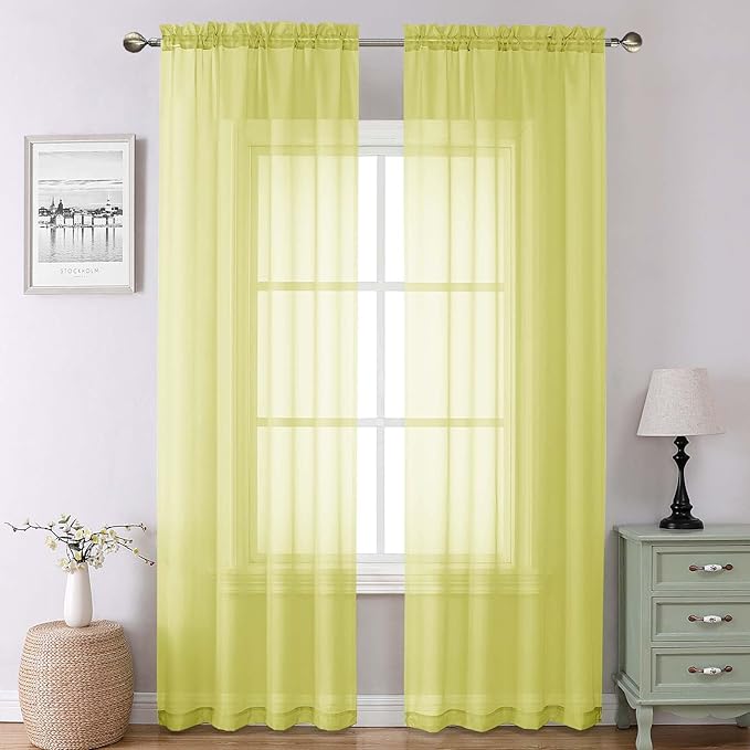 Lecloud Lemon Sheer Curtains 90 Inches Long 2 Panels, Solid Voile Privacy Airy Home Decor Living Room Curtains, Dual Rod Pockets Light Filtering Soft Drapes for Bedroom, Each Panel 42" W x 90" L