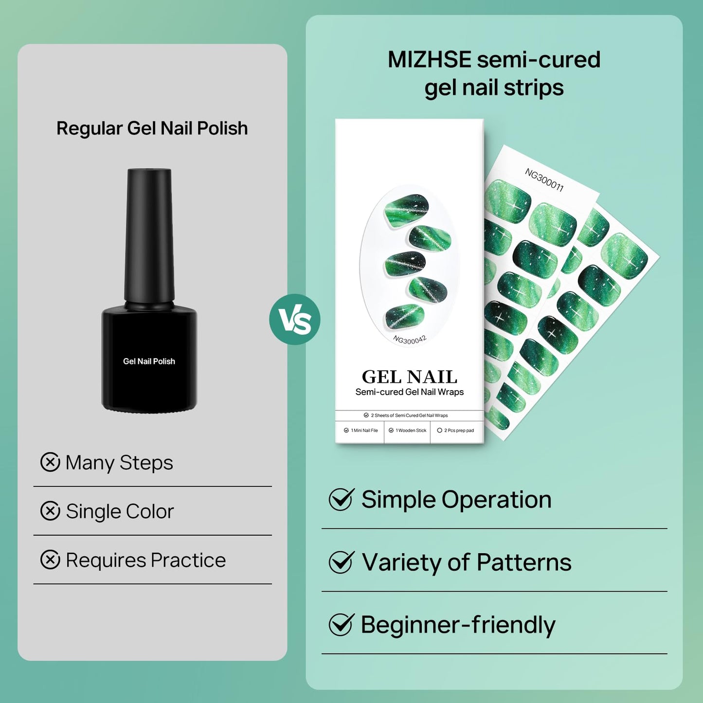 MIZHSE Semi Cured Gel Nail Strips, Green Cat Eye 30PCS Gel Nail Wraps, Stickers, UV Light Required, Salon Quality, Long Lasting Easy to Apply & Remove - Includes 2 Prep Pads, Nail File & Wooden Stick