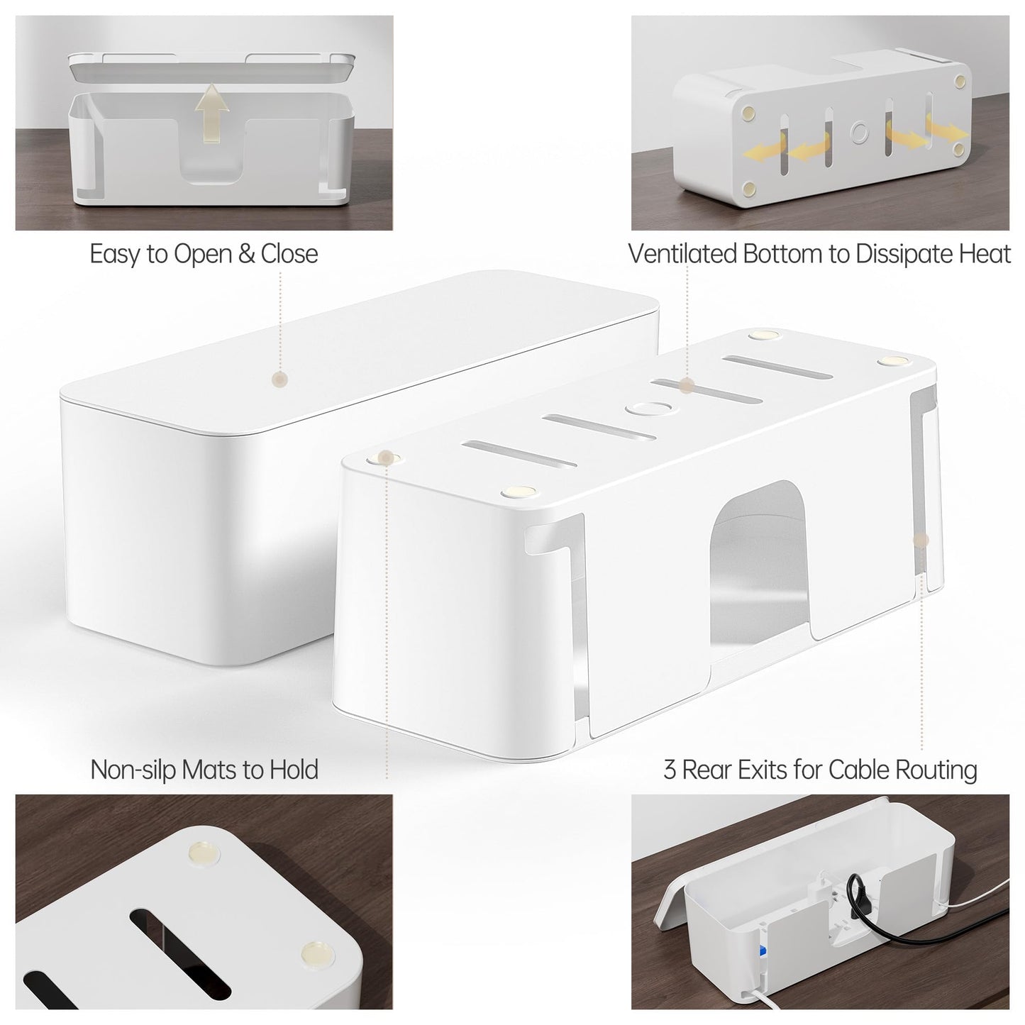 YECAYE 2 Pack Cable Management Box, Pet Friendly Cable Box Organizer for Home & Office, Child-Proof Floor Cord Cover, Cord Management and Cord Hider, White