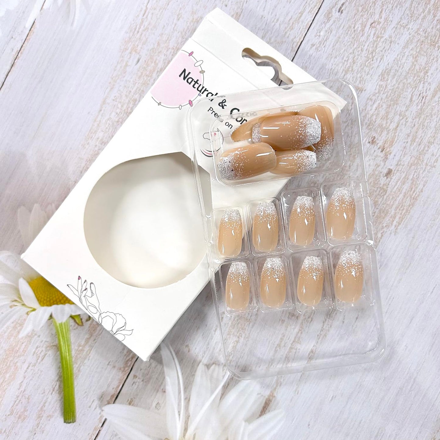 Press On Nails Medium Ballet White Glitter Powder Gradient Stick On False Nude French Coffin Acrylic Full Cover Artificial Reusable Glue On for Women