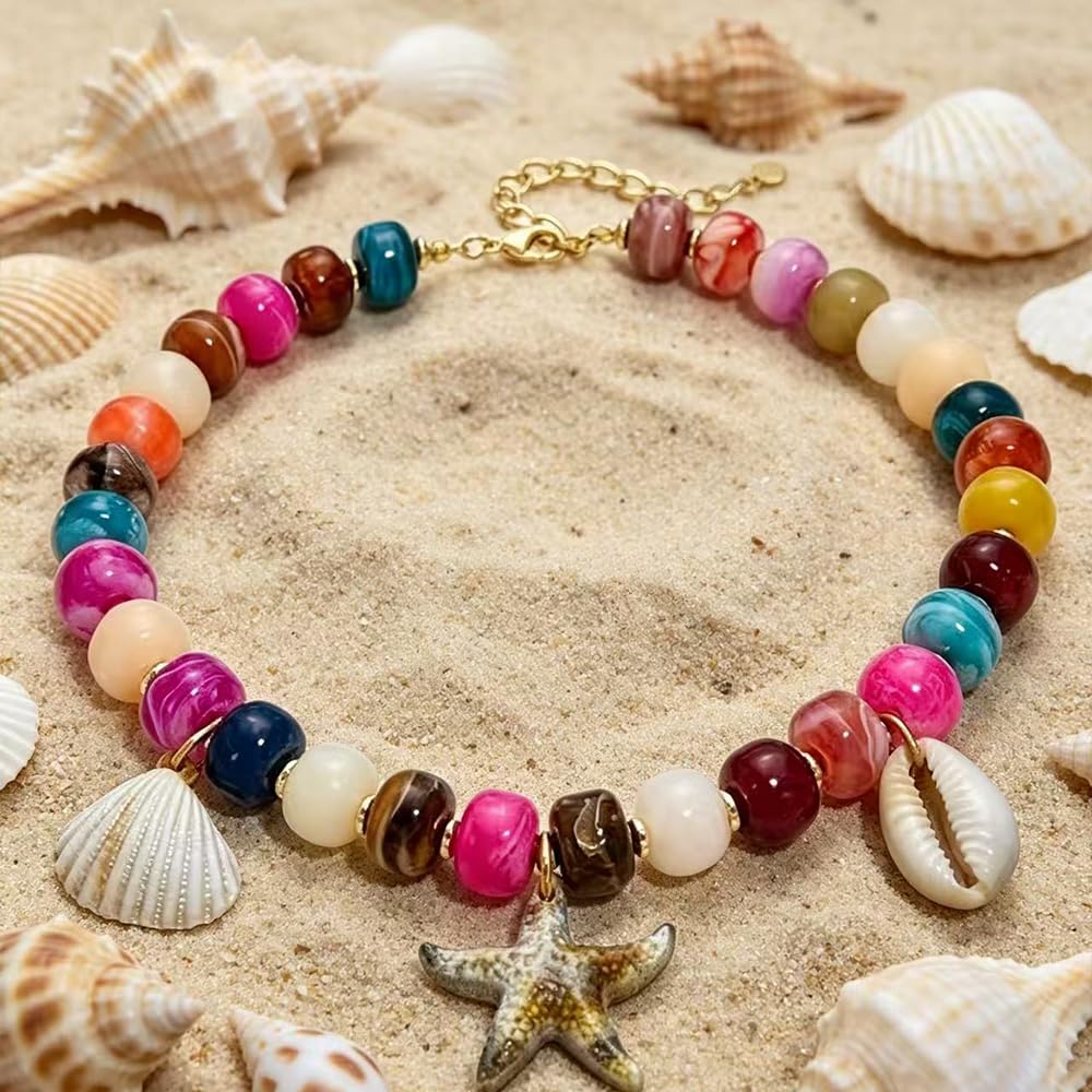 ROYNRAU Chunky Colorful Beaded Necklace for Women-Unique Resin Beads Starfish Shell Charms Pendant Choker Necklaces Boho Statement Summer Vacation Beach Jewelry (Starfish)