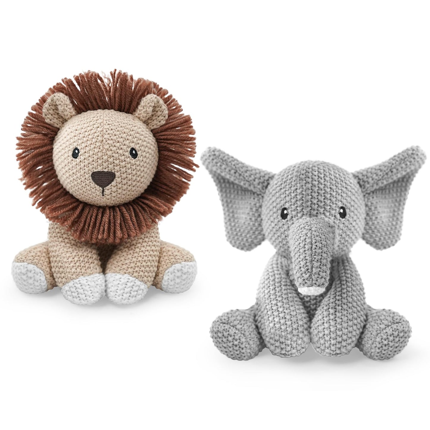 okegztoa 2-Pack Crochet Stuffed Animals (Sitting Lion & Elephant), 8-10 Inches Soft Cotton Thread Plush, Hand-Crocheted Toys, Kid & Adult-Friendly Gifts