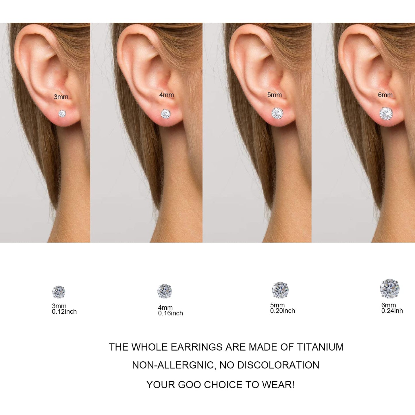 1 Pair Implant Grade Titanium Stud Earrings Set Hypoallergenic 3mm 4mm 5mm 6mm Cubic Zirconia G23 Titanium Earring Studs for Women Men for Sensitive Ear (6mm clear)