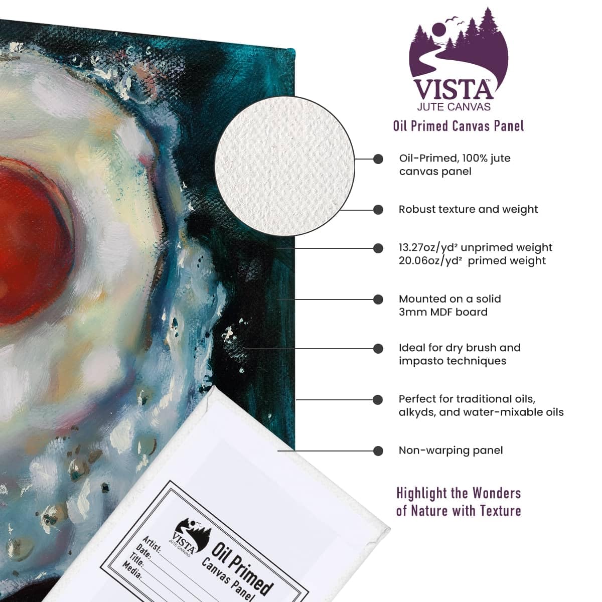 Vista Jute Oil-Primed Canvas Panels - 5"x7", 3 Pack - Blank Canvas for Traditional Oils, Eco Friendly, 100% Jute, Triple Primed, Extra Coarse Texture, Ideal for Dry Brush and Impasto Techniques