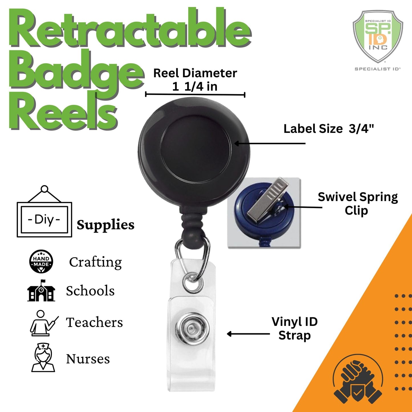 Bulk 25 Pack - Black Retractable Badge Reels with Alligator Swivel Clip & Vinyl Card Holder Strap by Specialist ID - Bulk Premium Black Retractable Name Badge Reels with Alligator Swivel Clip