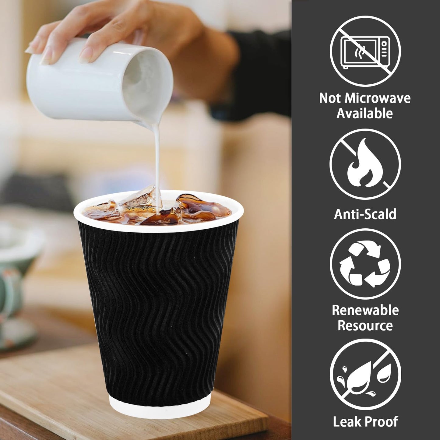 Lamosi Disposable Coffee Cups 12 oz 100 Pack, Paper Coffee Cups 12 oz for Hot Drinks or Cold Beverages, Insulated Corrugated Ripple Wall Cup for Office, Cafe, Home or Travel (Black)
