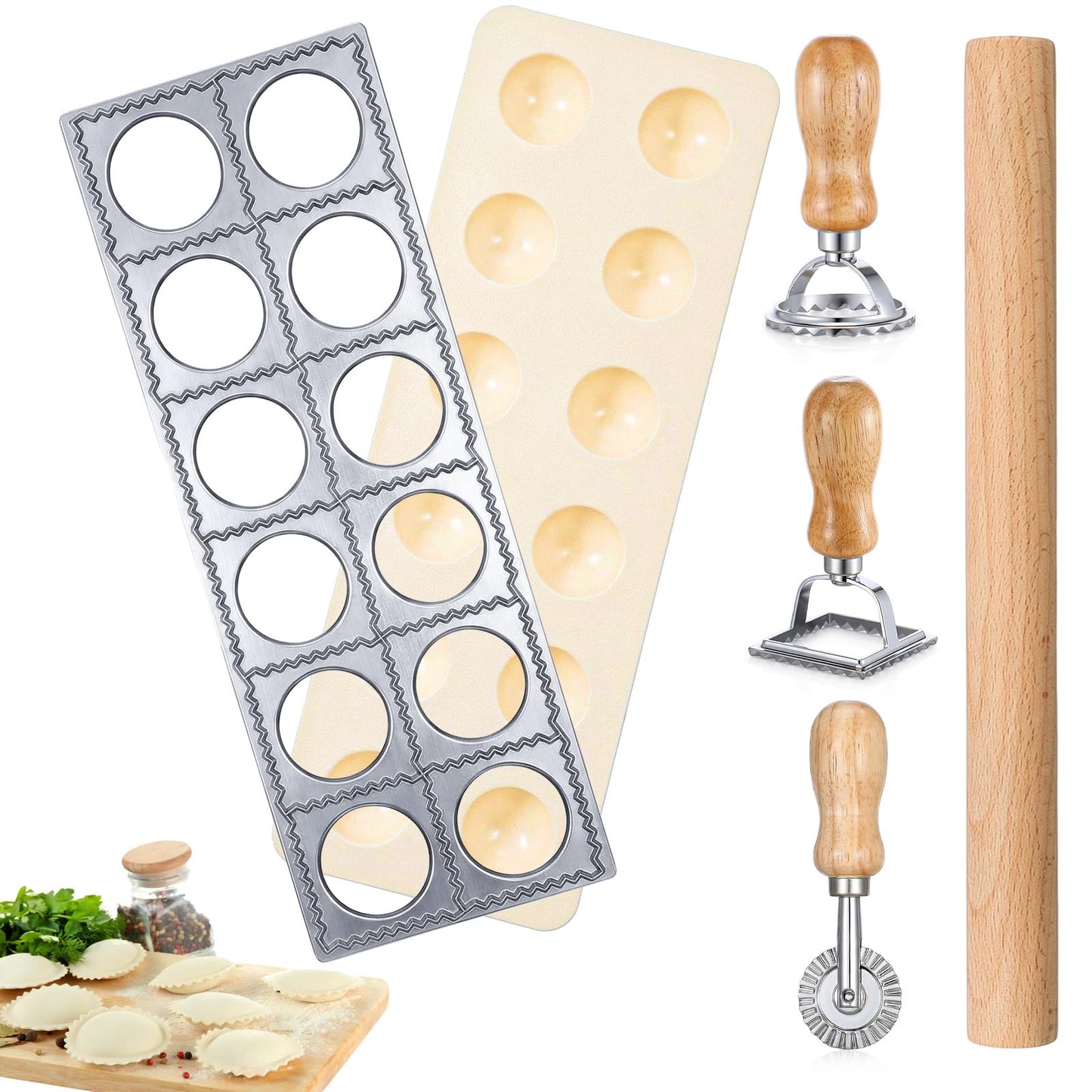 Kegeeei 5 Pcs Ravioli Mold Set, Ravioli Maker Cutter with 12 Holes Ravioli Press, 3 Shape Cutters & Wood Rolling Pin for Pasta, Dumpling, Meat Pie Making - Complete Kitchen Tool Kit