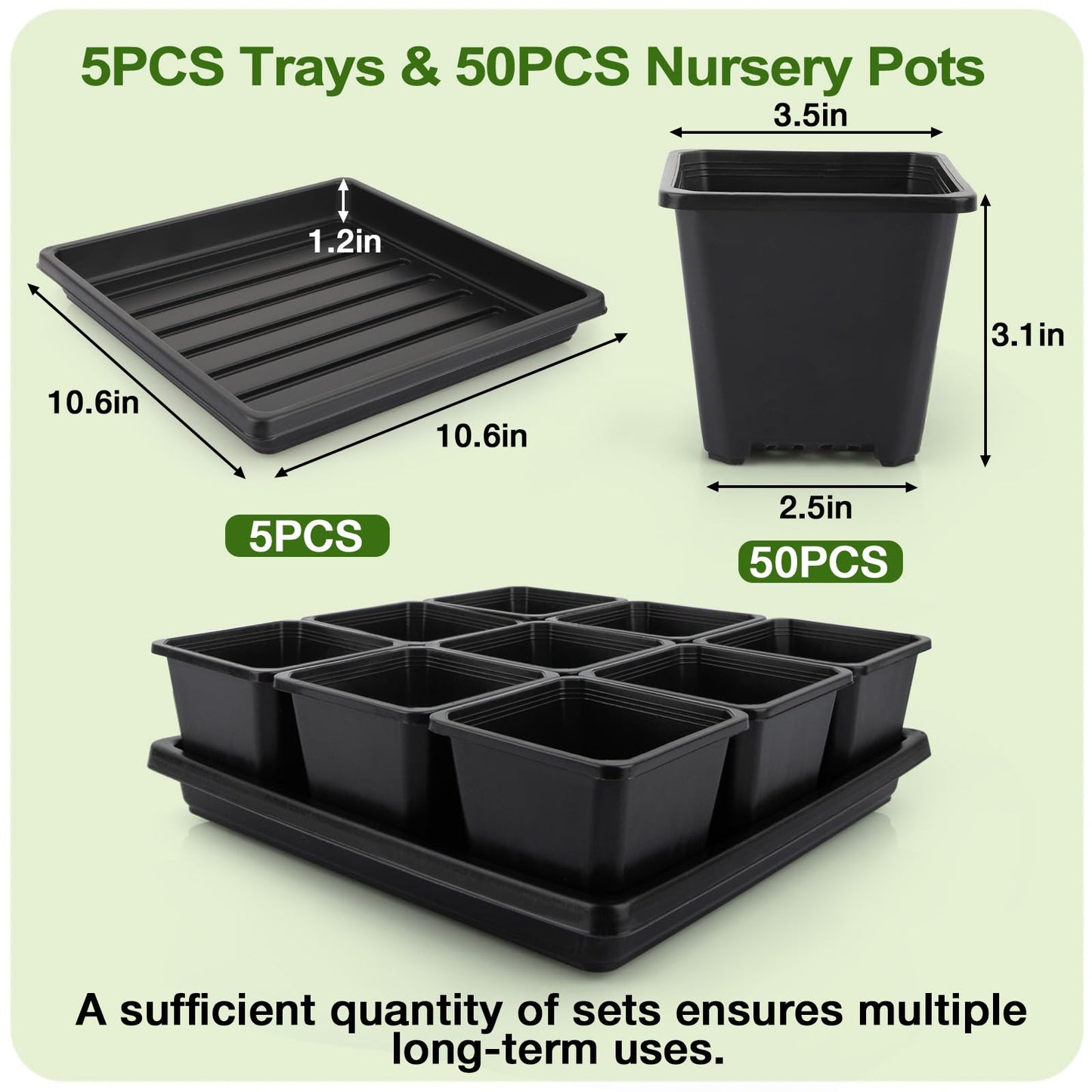 Mlhezy 50Pcs 3.5inch Square Nursery Pots with 5Pcs Seed Starting Trays, Seed Starter Tray Kit, Seeds Starting Germination, Seeding Pots with Drain Holes, Small Plant Nursery Propagation