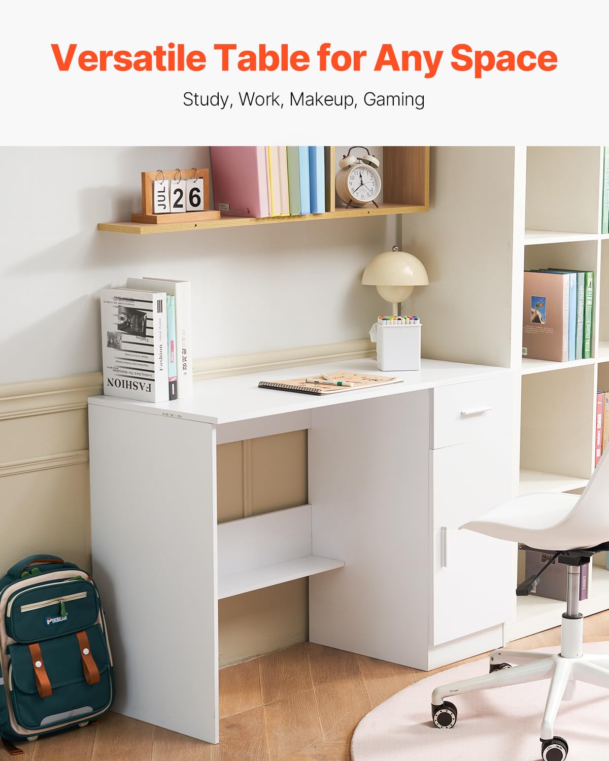 VEVOR Small Desk with Drawer, Kids Desk for Bedroom, Wooden Simple Study Table for Drawing, Reading, Writing, Rectangle MDF Study Storage Table with Adjustable Shelf for Home, Office, White