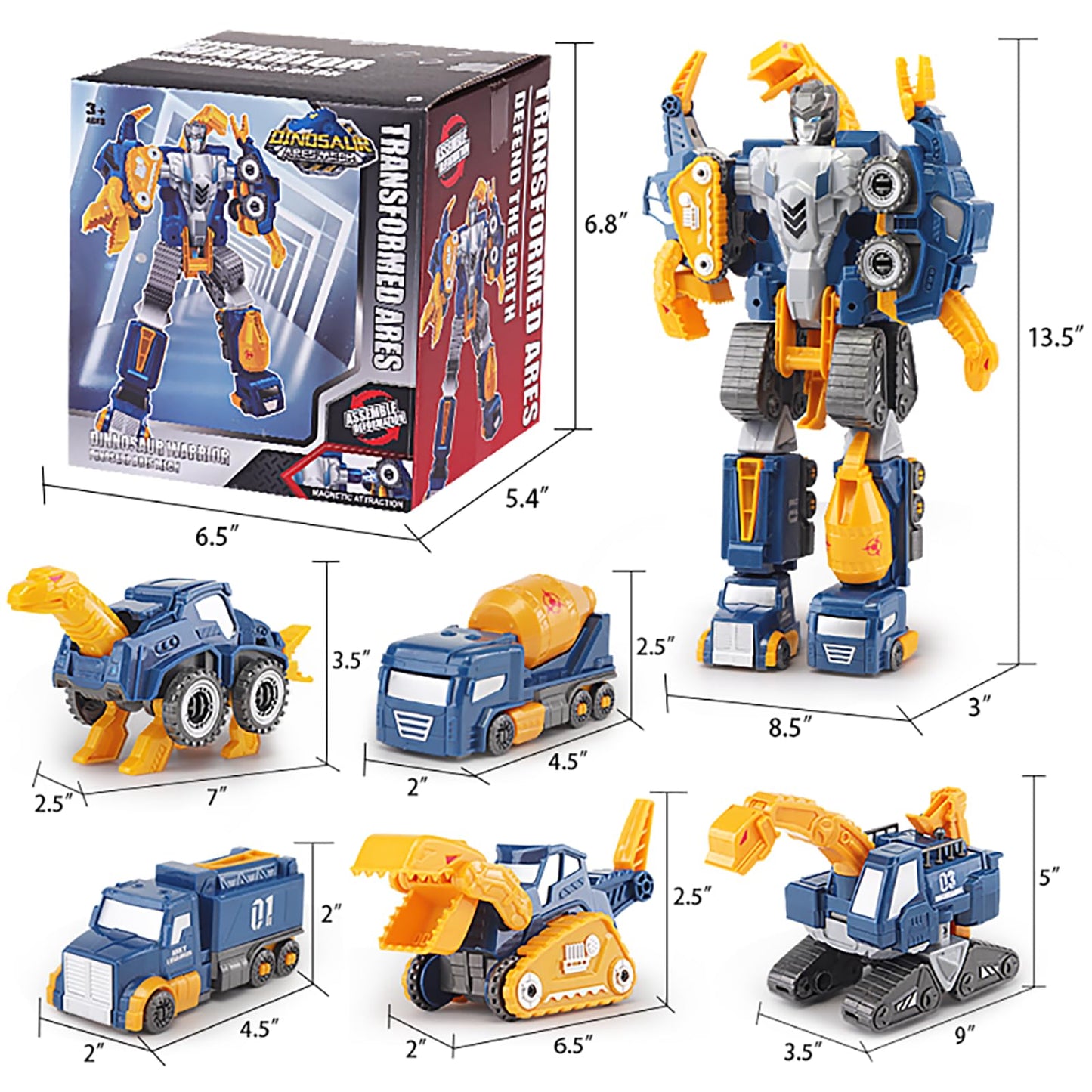 Fuzzy Pixie Toddler Construction Car Transform Set, 5pcs Dinosaur Rescue Robot with Magnetic Connectors, Assemble Building Trucks DIY STEM Toy, Birthday Present for Kids Boy Girl 3 4 5 6 7 Year