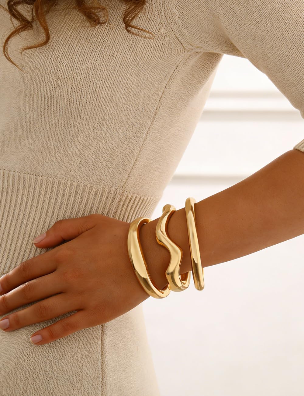 Chunky Gold Bangle Bracelets for Women, Dainty 14k Gold Plated Big Stackable Bangles Set, Trendy Statement Cuff Bracelet Stack Fashion Jewelry Gifts (Gold wave bangles)