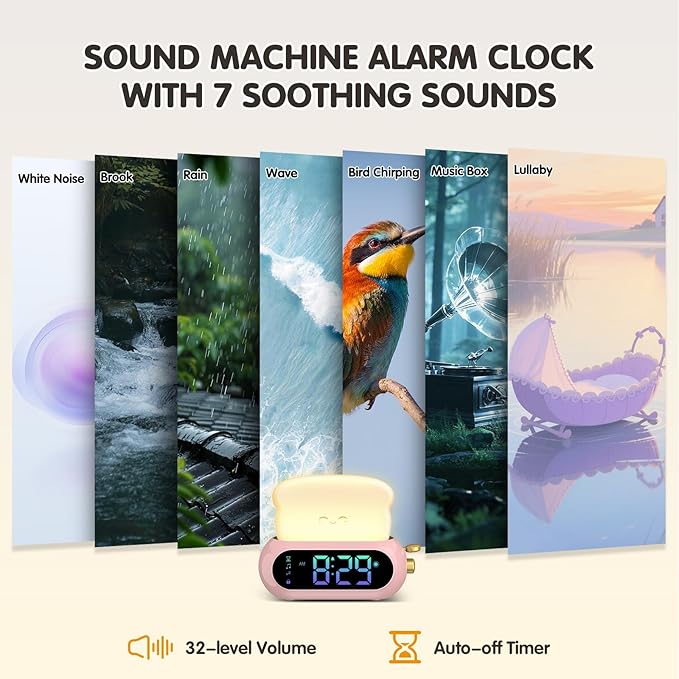Netzu Alarm Clock for Kids, OK to Wake Clock with Night Light and Sound Machine, Pink Clock with 10 RGB Color, 6 Alarm Tones, Nap Timer, Snooze, Bedside Clocks for Girls Kids Teens Birthday Gifts