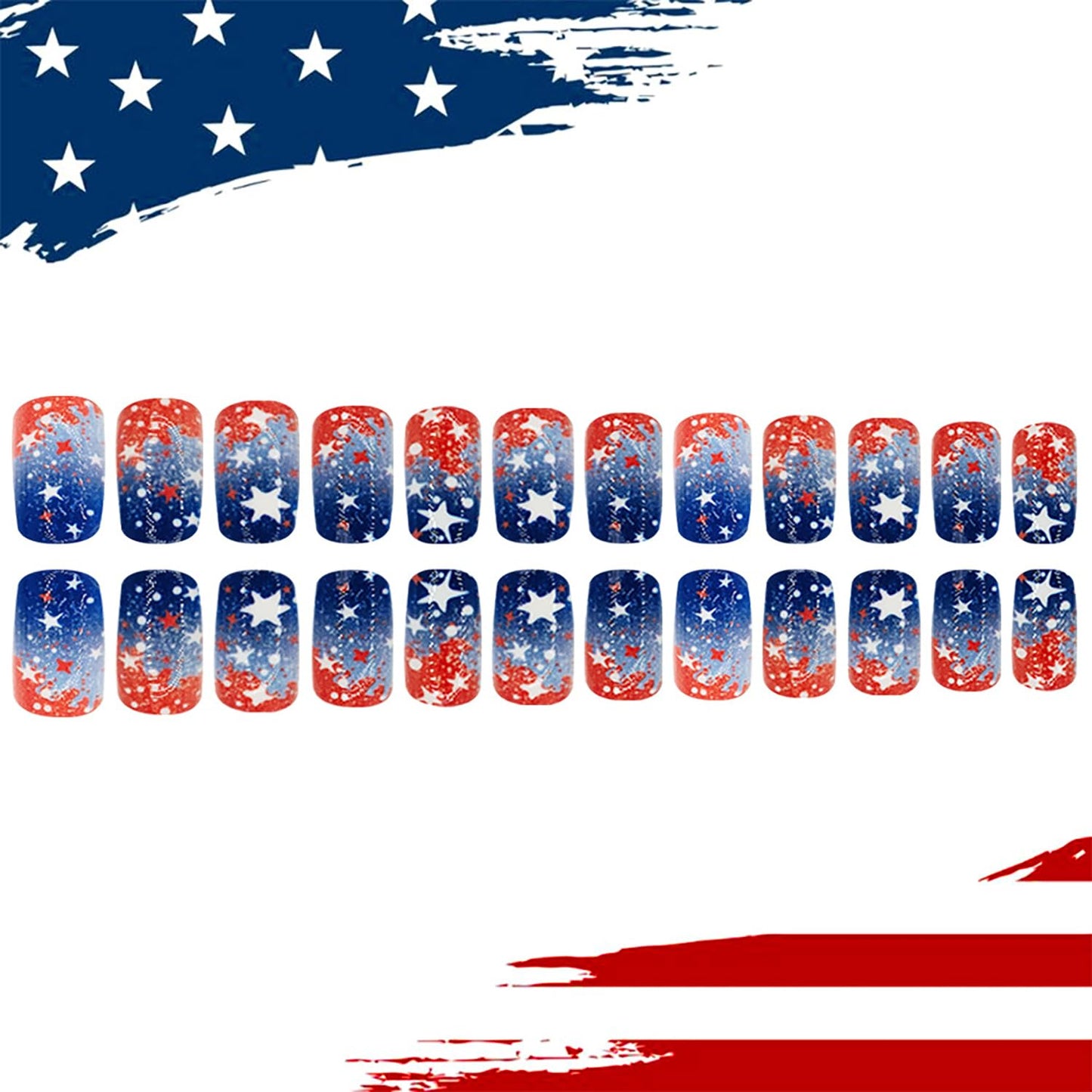 CJDLTS 24Pcs Independence Day Stars Press on Nails Medium Square Red Blue Smudge 4th of July Independence Day False Nail Full Cover Artificial Acrylic Nails Holiday Manicure Glue on Nail for Women