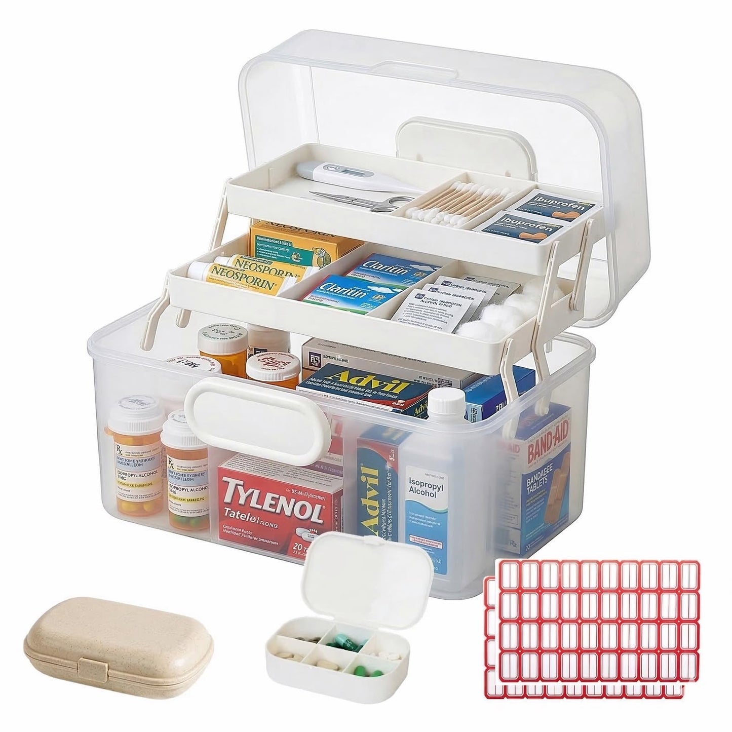 Portable Medicine Organizer Box & First Aid Kit Container – 3-Layer Folding Storage Bin with Handle & Latch, Clear Medical Supply Case for Home, Dorm, Sewing – w/ 2 Pill Pods & Labels