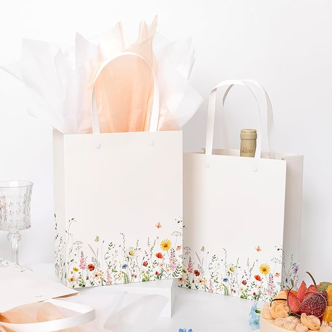 Crisky Paper Gift Bags with Handles, 12 Pack Wildflower Floral Gift Bags Medium Size for Wedding, Bridal Shower Gifts Bag, Baby Shower Party Favor, 10"x8"x4"