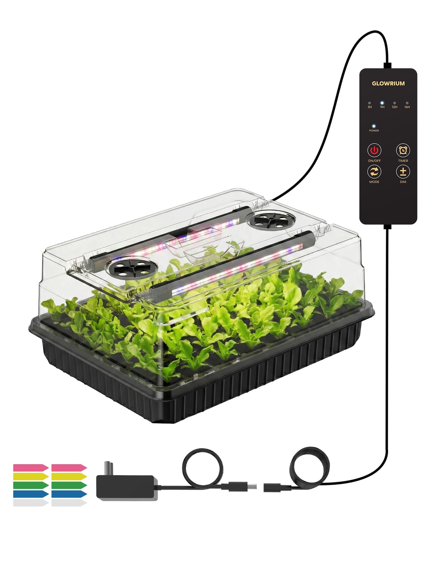 GLOWRIUM Seed Starter Tray with Grow Lights, 1 Pack 54-Cell Seed Starter Kit with 4.3" Humidity Dome, Indoor Seedling Starter Tray with 3/9/12/16h Timer, Adjustable Brightness Seed Starting Trays