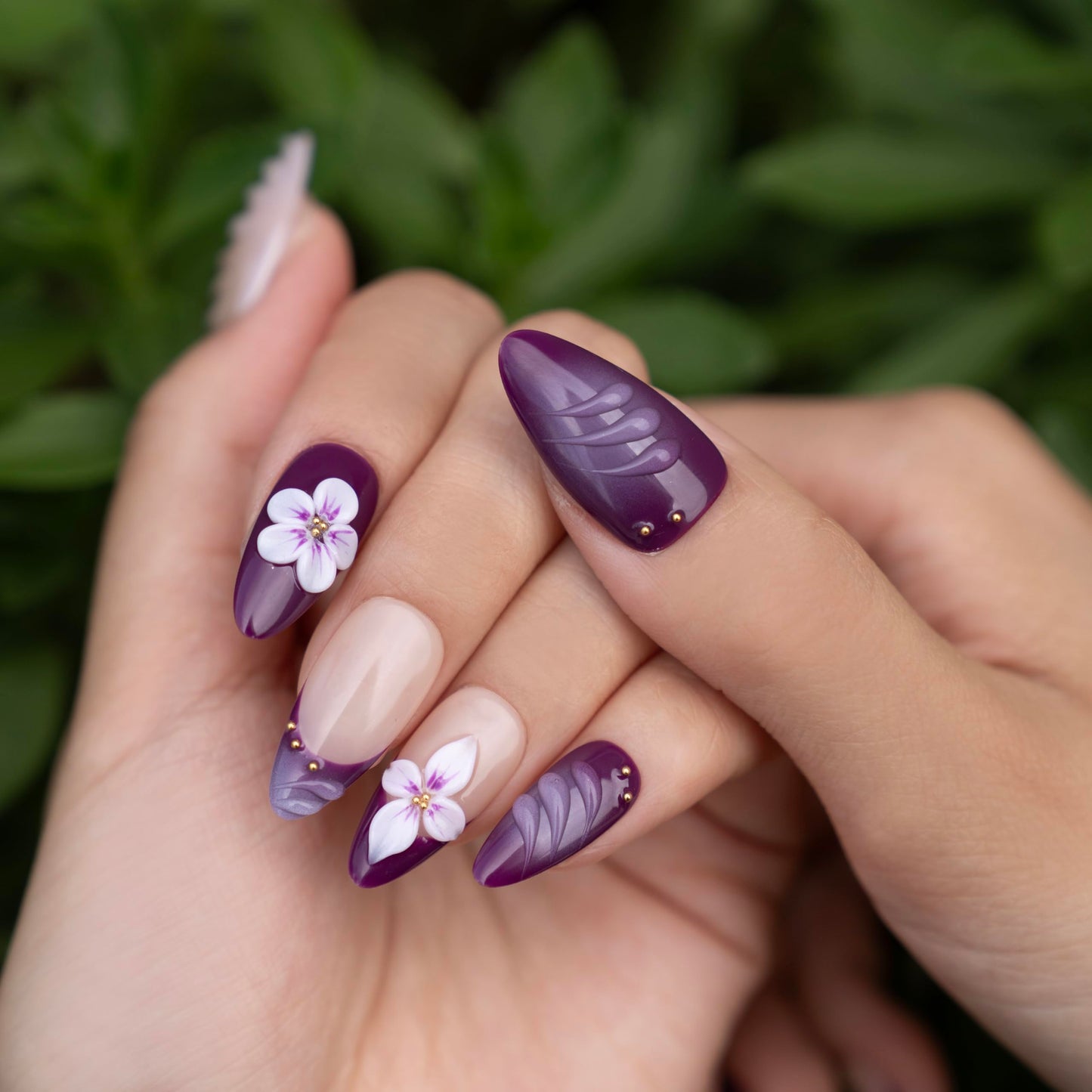 Almond Purple French Press on Nails, Fake Nails with 3D Flower and Shell Texture, Reusable Handmade Elegant False Nails for Women (L)