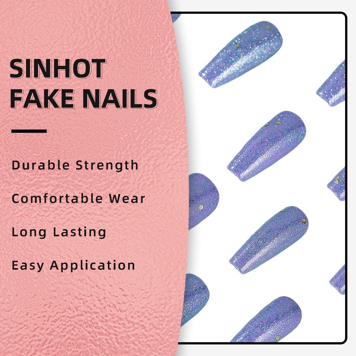 SINHOT Coffin Press on Nails - Medium Fake Nails, Glossy Finish, Blue Bling Glitter, DIY Artificial False Nail Art - 24 Pcs Nail Kit with Glue