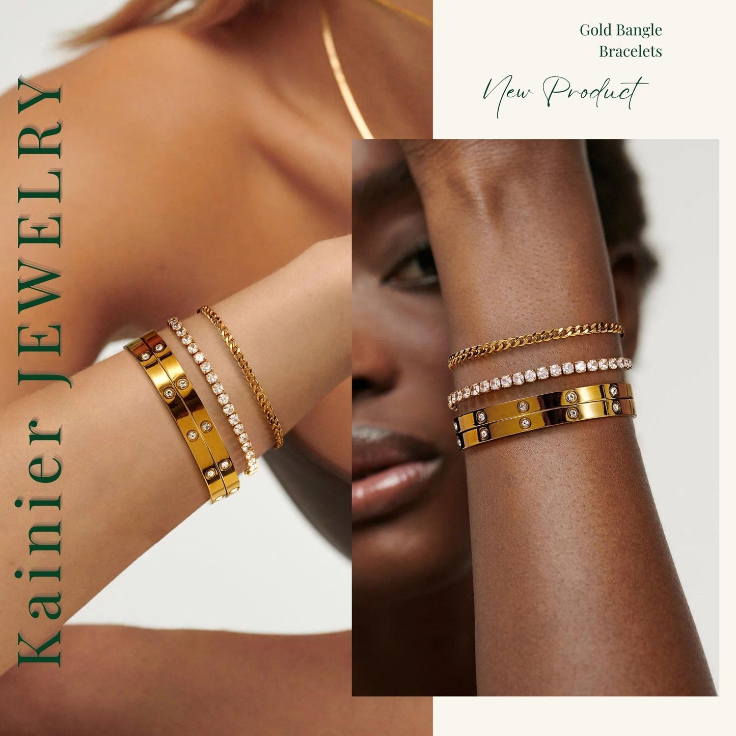 Kainier 14K Gold Plated Bracelets Sets for Women 4pcs Love Bangle Bracelet Cubic Zirconia Tennis Cuban Chain Stacking Gift for Love