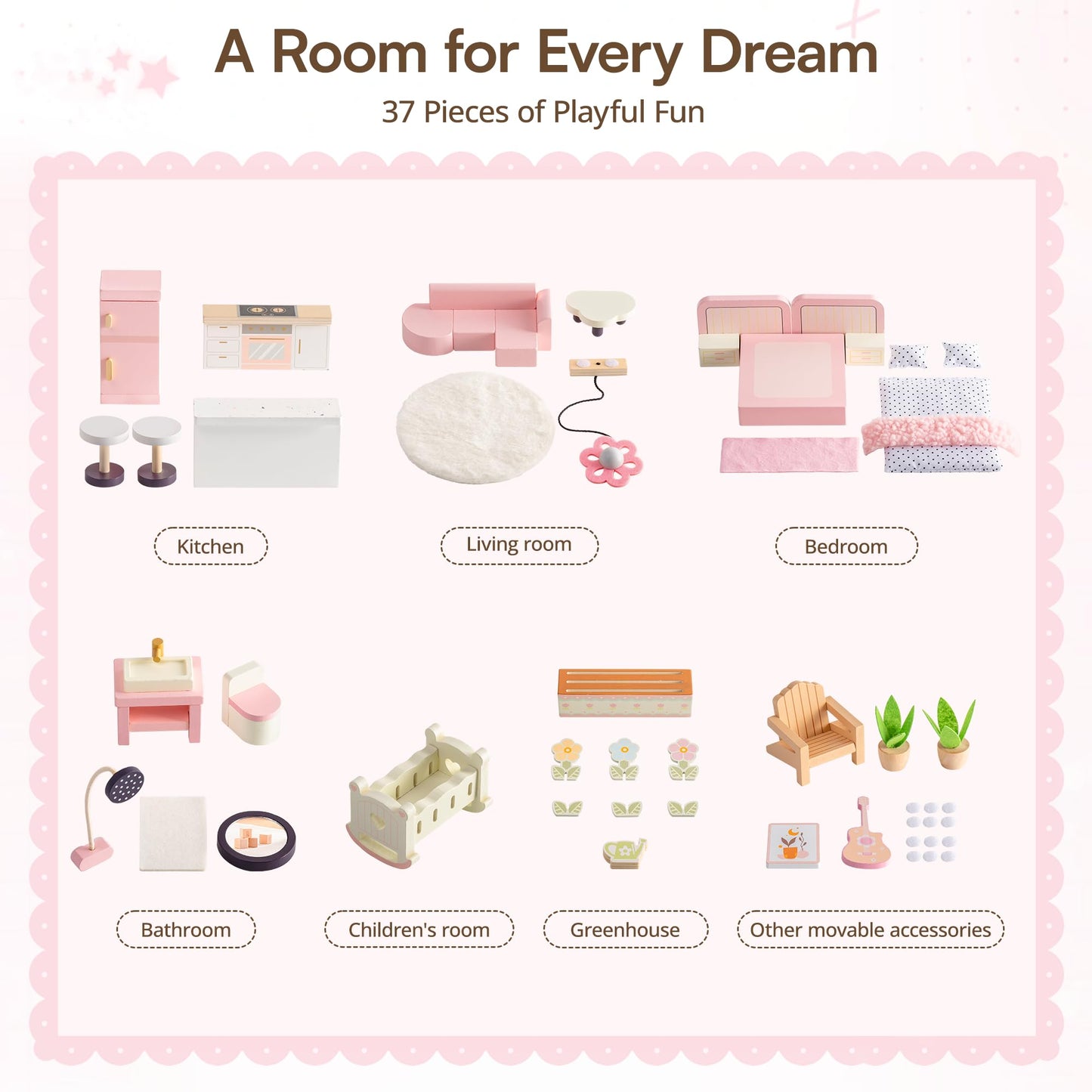 ROBOTIME Doll House for Girls – Three-Story Wooden Dollhouse with 6 Open Rooms, Transparent Conservatory, 37Pcs DIY Modular Furniture Accessories, Pretend Dollouse Creative Gift for Girl Ages 3+