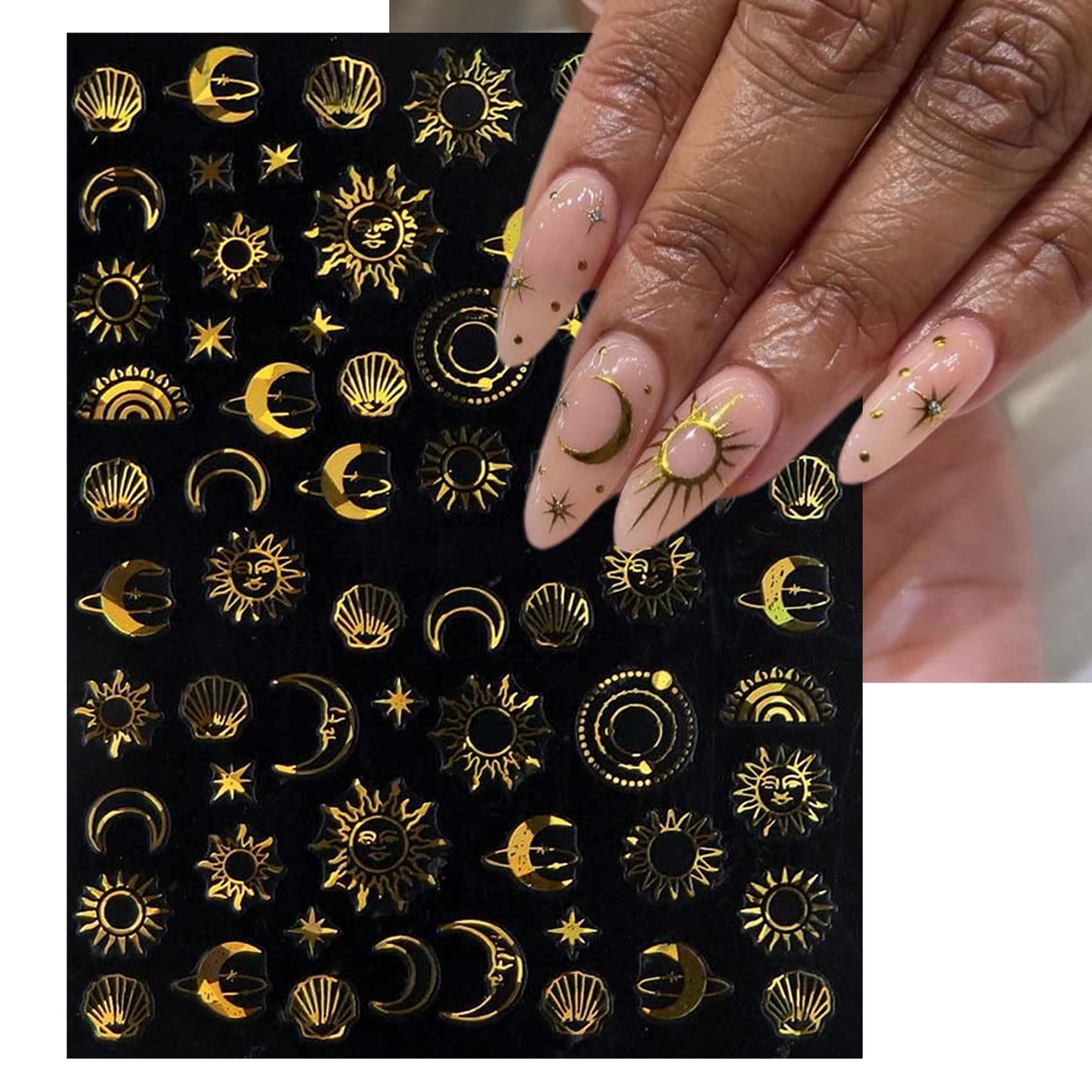 IDDFEVE Gold Sun Nail Art Stickers - Sliver Moon Star Self-Adhesive 3D Nail Decals for DIY Golden Slivery Manicure (6 Sheets)