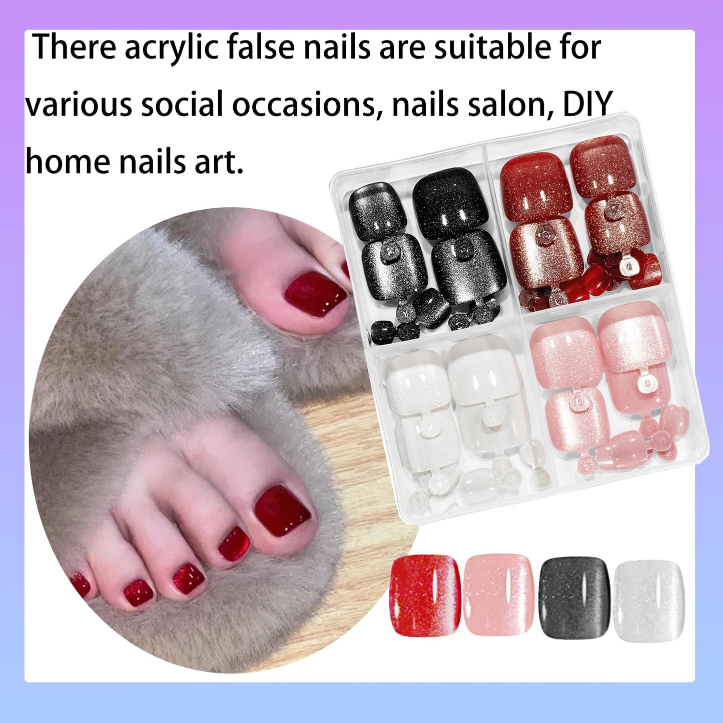 96Pcs Press on Toenails Short Square Press on Toe Nails Cat Eye Fake Toe Nails Red Pink Black White False Toenails Glitter Reusable Full Cover Acrylic Toe Nails for Women Manicure