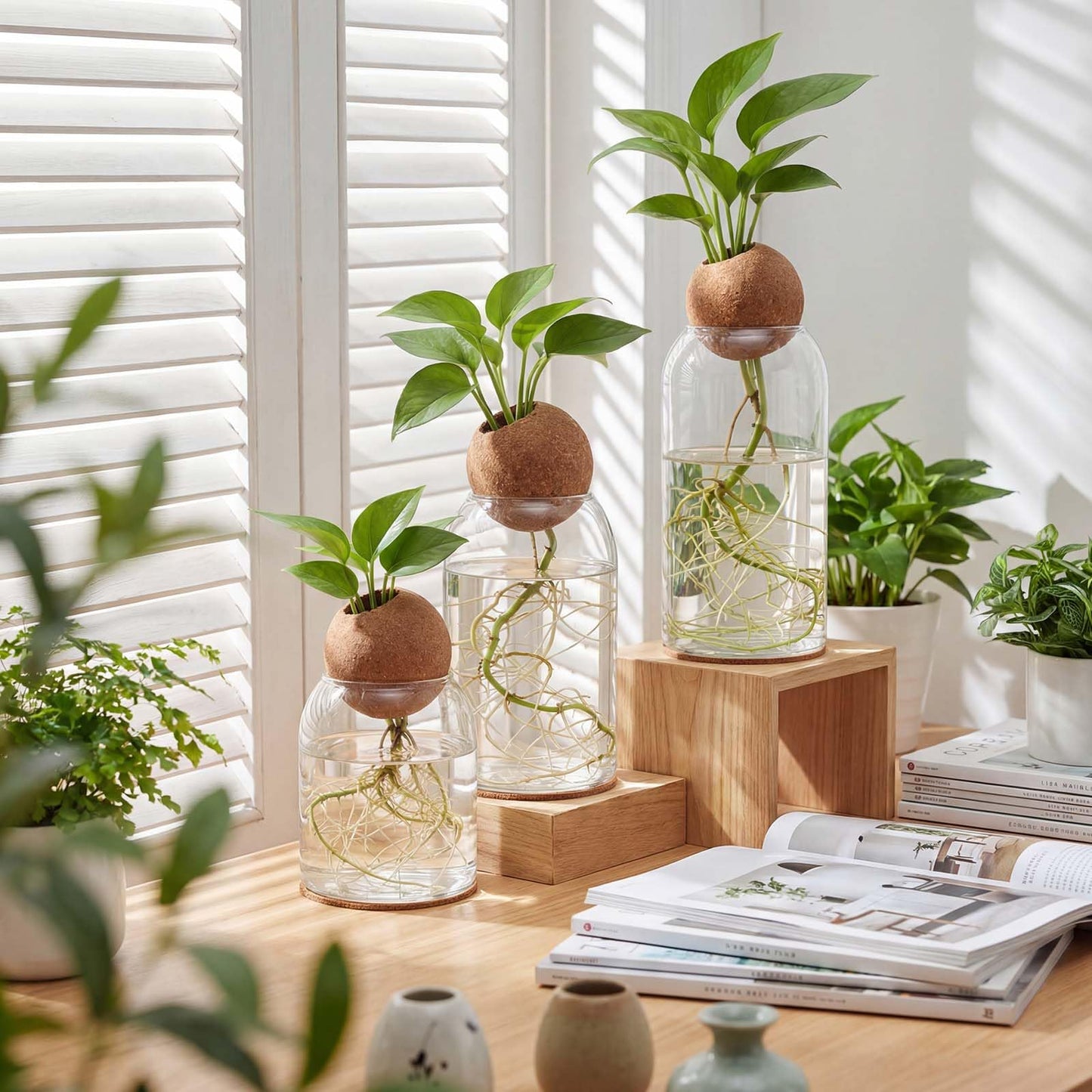 Baderke 3 Pcs Glass Plant Propagation Stations for Plants with Spherical Lids and Cork Coasters Hydroponic Spherical Cork Planter Desktop Vases for Plants Cuttings Home Office Tabletop Decor