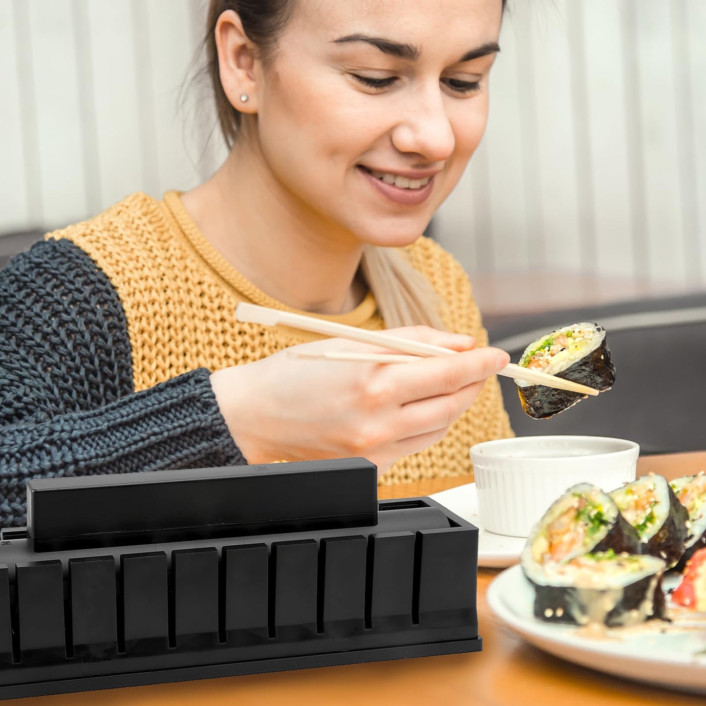 Sushi Making Kit, Sushi Maker 4-in-1 Rice Ball Mold Shapes with Press Mold, Chopsticks, Ceramic Dishes, Spoon