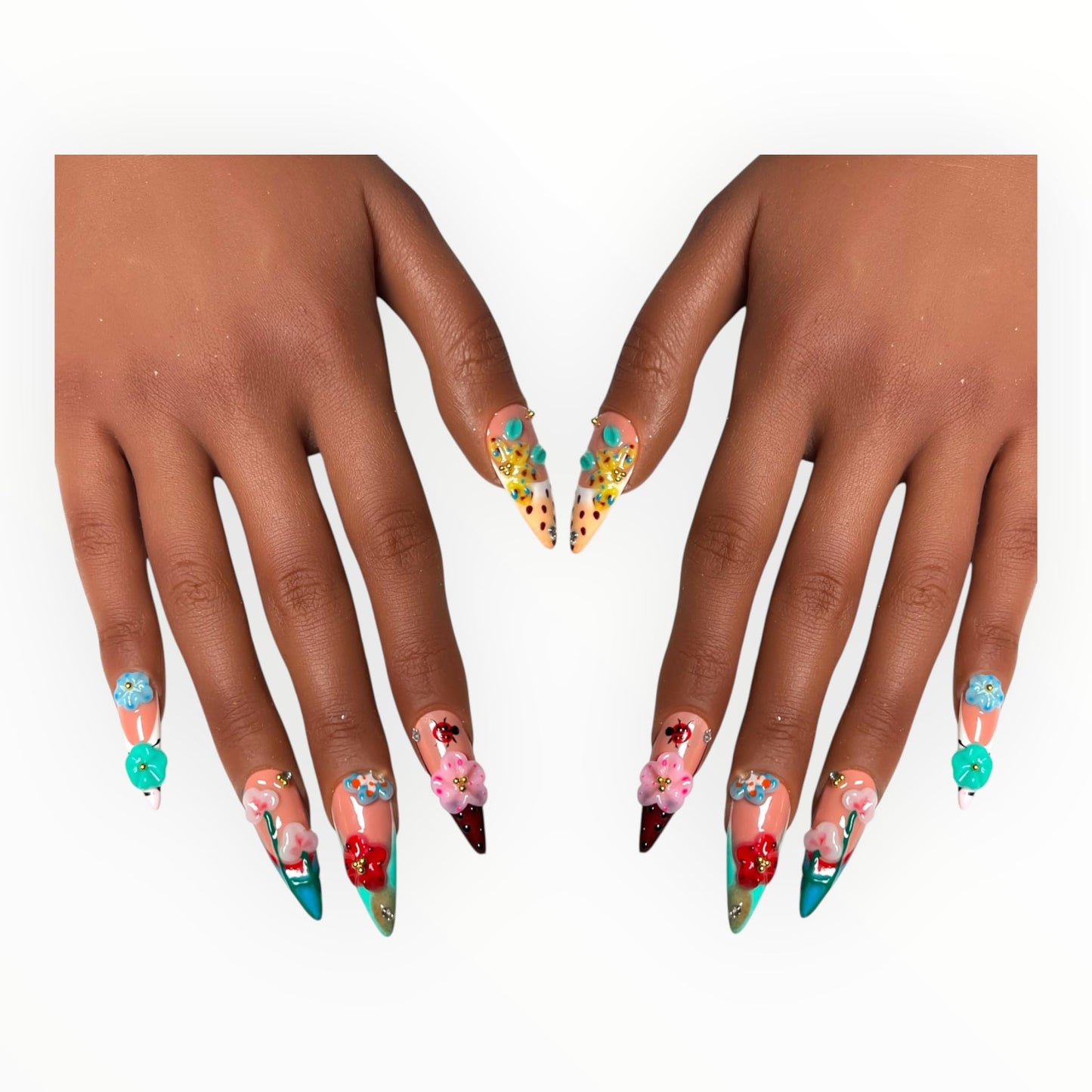 Long Stiletto Press-On Nails – Luxury 3D Acrylic Nail Designs (Multiple Styles) (Tropical Fruit Flowers, Multicolor)