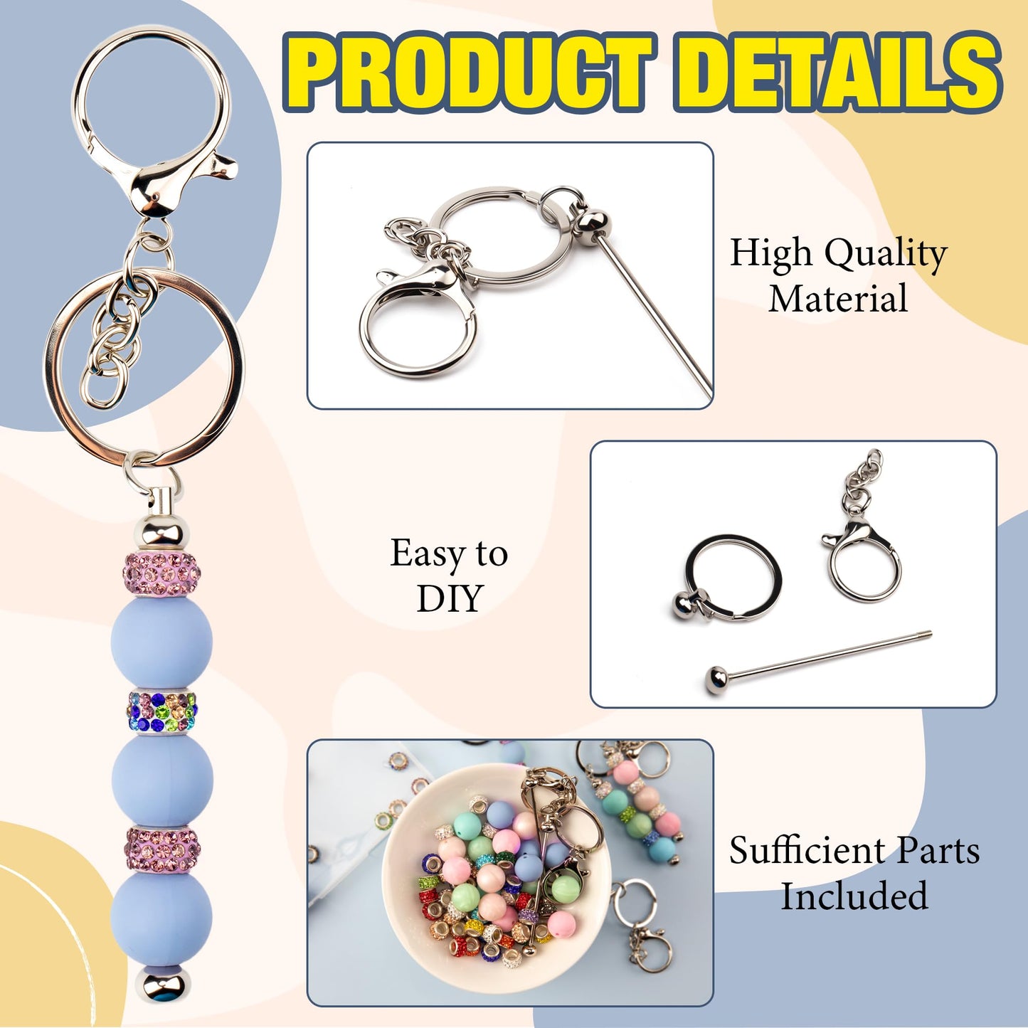 Qoroos 96pcs Beadable Keychains Set Bulk for Keychain Making Kit with Beadable Keychain Bar Silicone Beads Spacer Beads DIY Gifts for Women Men Crafts